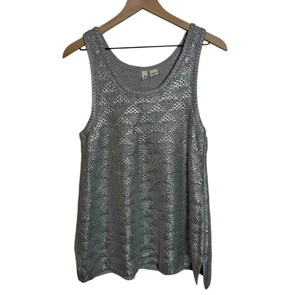 Moth Anthropologie Large Sana Sweater Knit Tank Top Silver Foiled Metallic Party - Picture 2 of 12